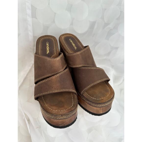 Vtg Y2K CANDIES 9 brown Suede Chunky Platform Heels Sandals Boho Hippie Brazil - Picture 3 of 12